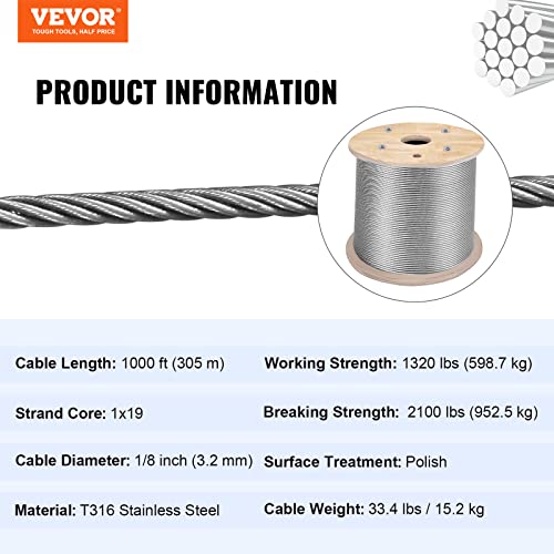 Mophorn Stainless Steel Cable Railing 1/8"x 1000ft, Wire Rope 316 Marine Grade, Braided Aircraft Cable 1x19 Strands Construction for Deck,Rail,Balusters,Stair,Handrail,Porch,Fence