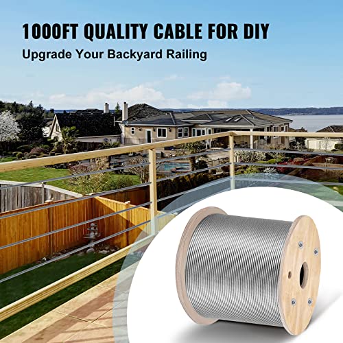 Mophorn Stainless Steel Cable Railing 1/8"x 1000ft, Wire Rope 316 Marine Grade, Braided Aircraft Cable 1x19 Strands Construction for Deck,Rail,Balusters,Stair,Handrail,Porch,Fence