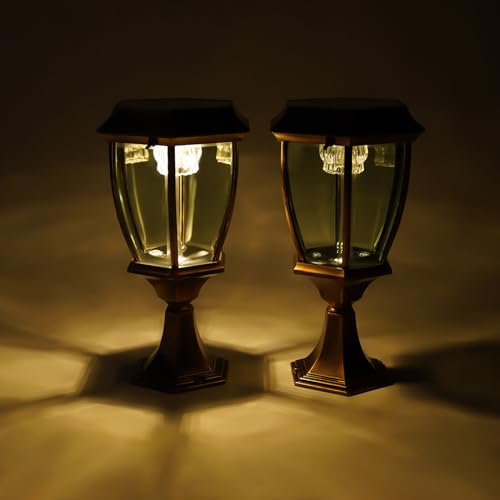 LYNICESHOP 2 Pack Large Aluminum Solar Lamps,Solar Pillar Lights Outdoor Bronze Waterproof LED Landscape Light Copper Fence Post Solar Lantern for Brick Fence Deck or Patio (Bronze)