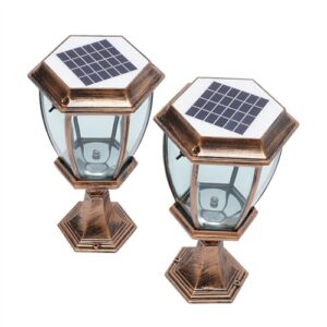 LYNICESHOP 2 Pack Large Aluminum Solar Lamps,Solar Pillar Lights Outdoor Bronze Waterproof LED Landscape Light Copper Fence Post Solar Lantern for Brick Fence Deck or Patio (Bronze)