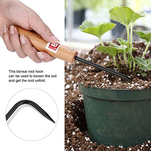 KSTEE Bonsai Root Hook, Bonsai Hook Sturdy Manganese Steel Bonsai Root Hook with Comfortable Wooden Handle Gardening Tools Garden Wooden Handle Bonsai Hook