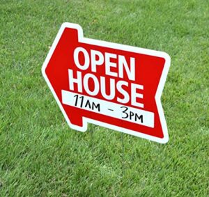 open house sign kit (5pack) die cut arrow shape heavy duty stands, durable corrugated coroplast, uv colorfast red, unconditional guarantee, real estate agent supplies, 5-18x24 signs and 5 stands