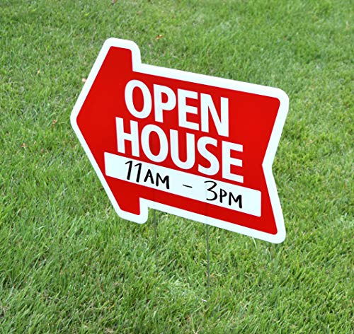 Open House Sign Kit (5pack) Die Cut Arrow Shape Heavy Duty Stands, Durable Corrugated Coroplast, UV Colorfast Red, Unconditional Guarantee, Real Estate Agent Supplies, 5-18x24 Signs and 5 Stands