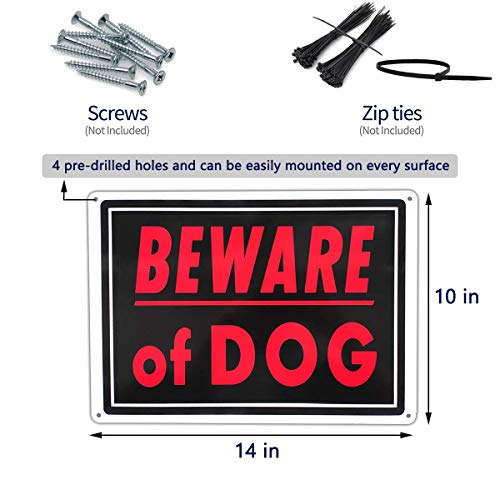 Beware of Dog Sign Meta 14x10 inch Rust Free Aluminum, UV Printed, Easy to Mount Weather Resistant for Fence (4 Pack)