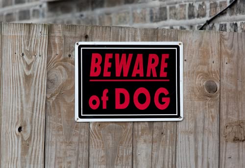 Beware of Dog Sign Meta 14x10 inch Rust Free Aluminum, UV Printed, Easy to Mount Weather Resistant for Fence (4 Pack)