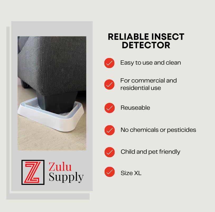 Zulu Supply XL Bed Bug Interceptors, Traps, 4 Pack, White, Extra Large, Bedbug Monitor, Insect Detector for Bed Legs or Furniture