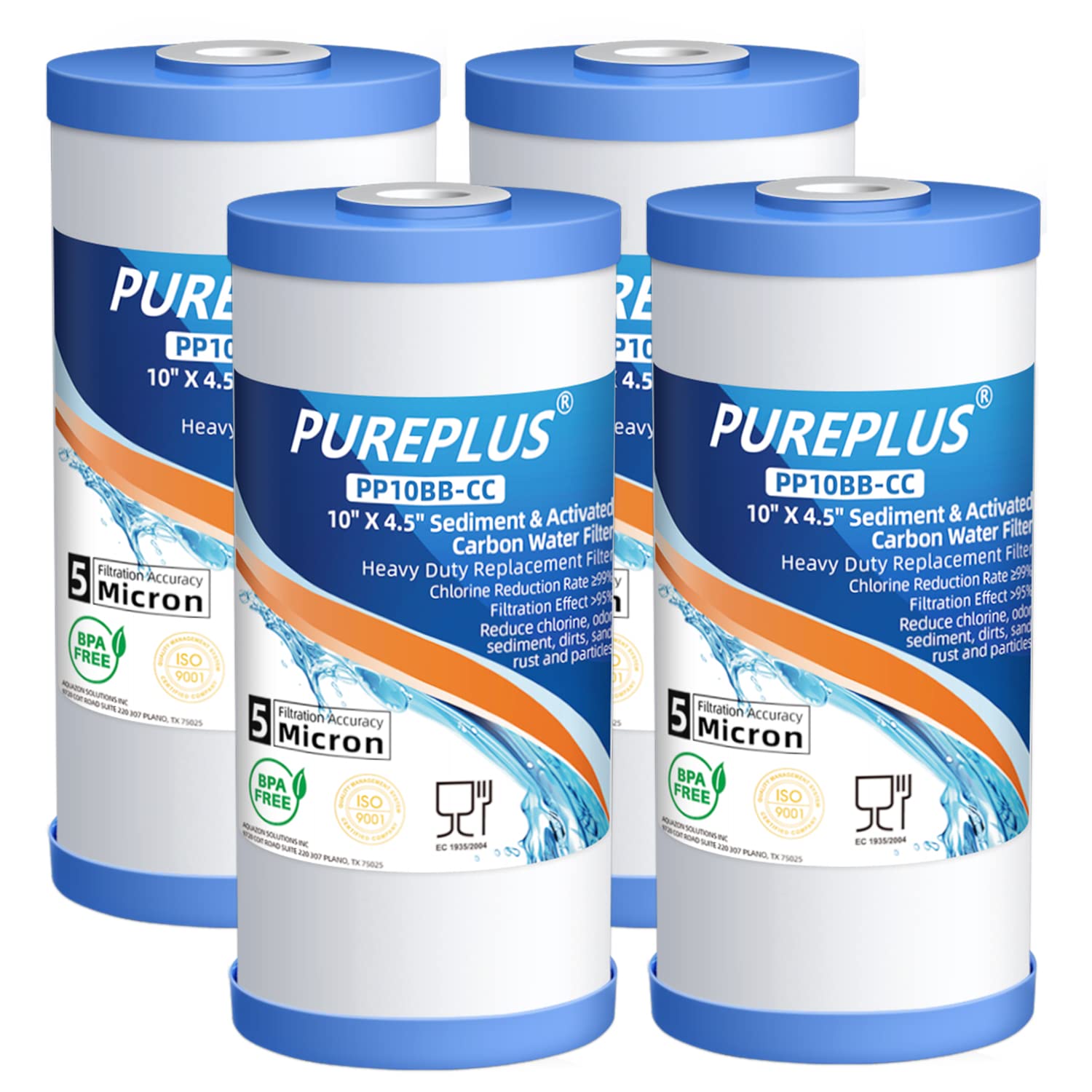 PUREPLUS 5 Micron 10" x 4.5" Whole House FXHTC Sediment and Carbon Water Filter Replacement Cartridge for GXWH40L, GXWH35F, GNWH38S, RFC-BBSA, WRC25HD, PP10BB-CC, RFC-BB, WFHD13001, 4Pack