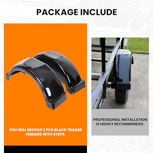 ECOTRIC 2 Pcs Trailer Fenders W/Steps Compatible with Single-Axle Trailers 13" Diameter Wheels Tires Plastic Fenders - Black