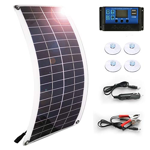 Solar Panel 25W 18V 12V Bendable Flexible Lightweight,Solar Car Battery Charger Portable Trickle Charger with Cigarette Lighter Plug,Module for 12 Voltr Boat with 10A Charge Controller (25w sloar Kit)