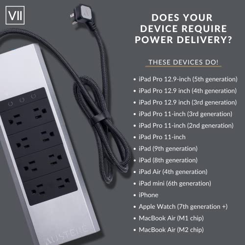 Austere VII Series Surge Protector Power Strip, 8 Wide Outlets, 3 USB C and 2 USB A 2.4 amp Ports, 45W Power Delivery | 4000 Joules Heavy Duty, EMI/RFI Filtering, 7 Year Component Guarantee