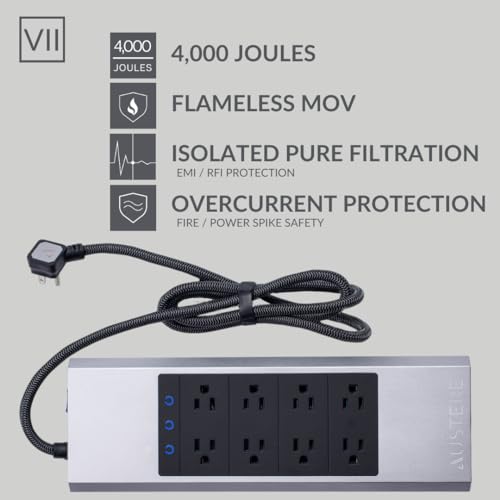 Austere VII Series Surge Protector Power Strip, 8 Wide Outlets, 3 USB C and 2 USB A 2.4 amp Ports, 45W Power Delivery | 4000 Joules Heavy Duty, EMI/RFI Filtering, 7 Year Component Guarantee