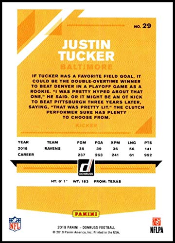 2019 Donruss #29 Justin Tucker NM-MT Baltimore Ravens Officially Licensed NFL Football Trading Card