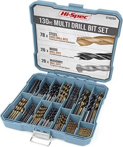 hi-spec 130pc multi sae drill bit set. 11 sizes 1/16in to 3/8in. metal, wood, plastic, dryall, brick & concrete drilling. hss titanium, masonry & brad point steel bits all in a tray case
