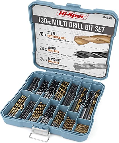 Hi-Spec 130pc Multi SAE Drill Bit Set. 11 Sizes 1/16in to 3/8in. Metal, Wood, Plastic, Dryall, Brick & Concrete Drilling. HSS Titanium, Masonry & Brad Point Steel Bits All in a Tray Case