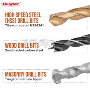 Hi-Spec 130pc Multi SAE Drill Bit Set. 11 Sizes 1/16in to 3/8in. Metal, Wood, Plastic, Dryall, Brick & Concrete Drilling. HSS Titanium, Masonry & Brad Point Steel Bits All in a Tray Case