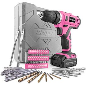 hi-spec 50 piece 12v pink drill driver & multi bit set. high speed cordless & rechargeable electric power screwdriver & drill for household diy. complete in a carry case