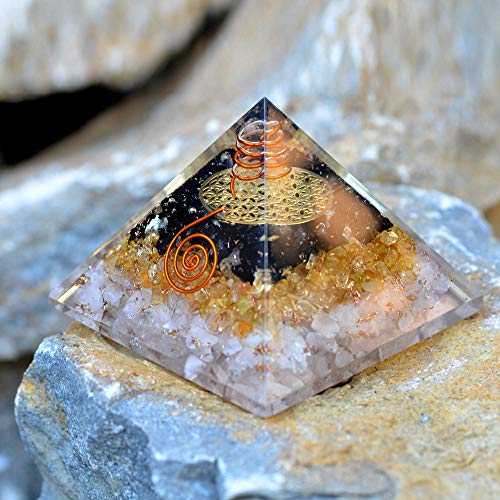 Orgonite Crystal Orgone Pyramid for Triple Health Protection with Black Tourmaline, Citrine and Rose Quartz – Positive Energy Generator for Healing, Wealth and Prosperity