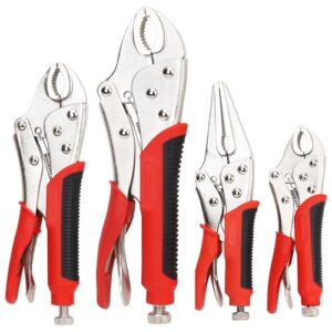 fastpro 4-piece locking pliers set with heavy duty grip, 5", 7" and 10" curved jaw locking pliers, 6-1/2" long nose locking pliers included, vise grip wrench set