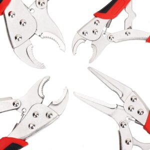 FASTPRO 4-Piece Locking Pliers Set With Heavy Duty Grip, 5", 7" and 10" Curved Jaw Locking Pliers, 6-1/2" Long Nose Locking Pliers Included, Vise Grip Wrench Set