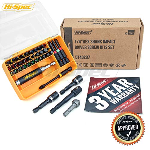 Hi-Spec 44pc Metric 1/4in Impact Screw Driver Bit Set. Hex Shank S2 Steel Screwdriver Bits Box Set for Electric Drill Drivers and Power Screwdrivers