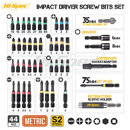 Hi-Spec 44pc Metric 1/4in Impact Screw Driver Bit Set. Hex Shank S2 Steel Screwdriver Bits Box Set for Electric Drill Drivers and Power Screwdrivers