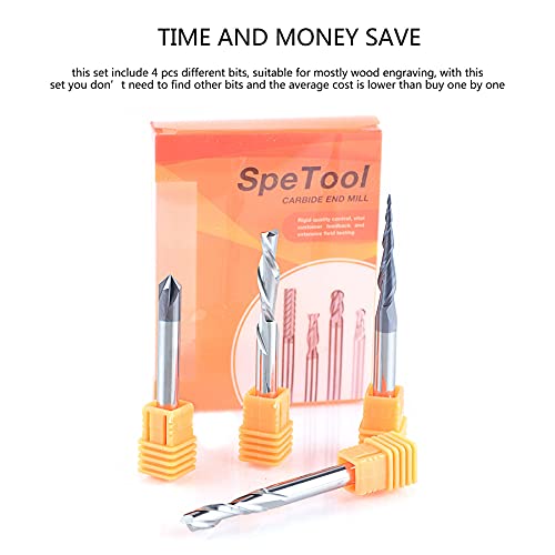 SpeTool CNC Router Bits Carving Set for Wood Profile V Groove Engraving Solid Carbide 1/4 Inch Shank