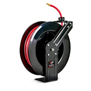 reelworks air hose reel retractable 3/8" inch x 80' foot max 300psi longest ever hybrid polymer hose industrial steel construction