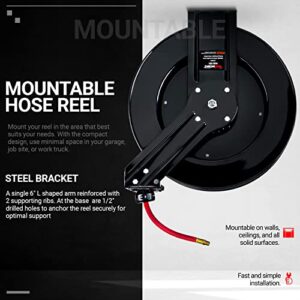ReelWorks Air Hose Reel Retractable 3/8" Inch x 80' Foot Max 300PSI Longest Ever Hybrid Polymer Hose Industrial Steel Construction