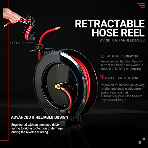 ReelWorks Air Hose Reel Retractable 3/8" Inch x 80' Foot Max 300PSI Longest Ever Hybrid Polymer Hose Industrial Steel Construction