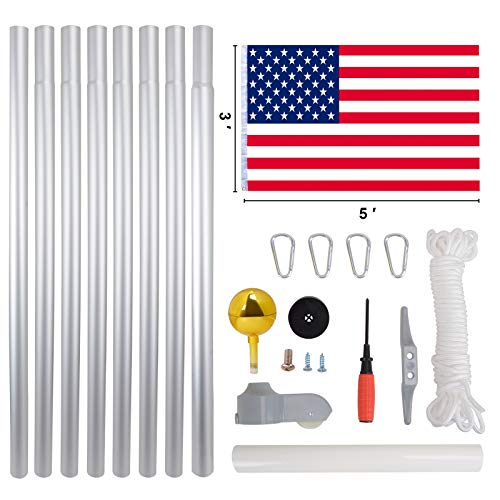 Voilamart 25 FT Sectional Flag Pole Heavy Duty Aluminum Outdoor In ground Flagpole with 3'*5' American Flag and Gold Ball for Residential or Commercial Use