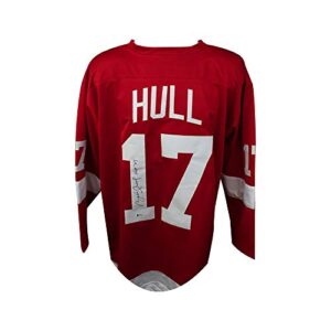 brett hull autographed detroit custom red hockey jersey hof 09 inscription - bas coa
