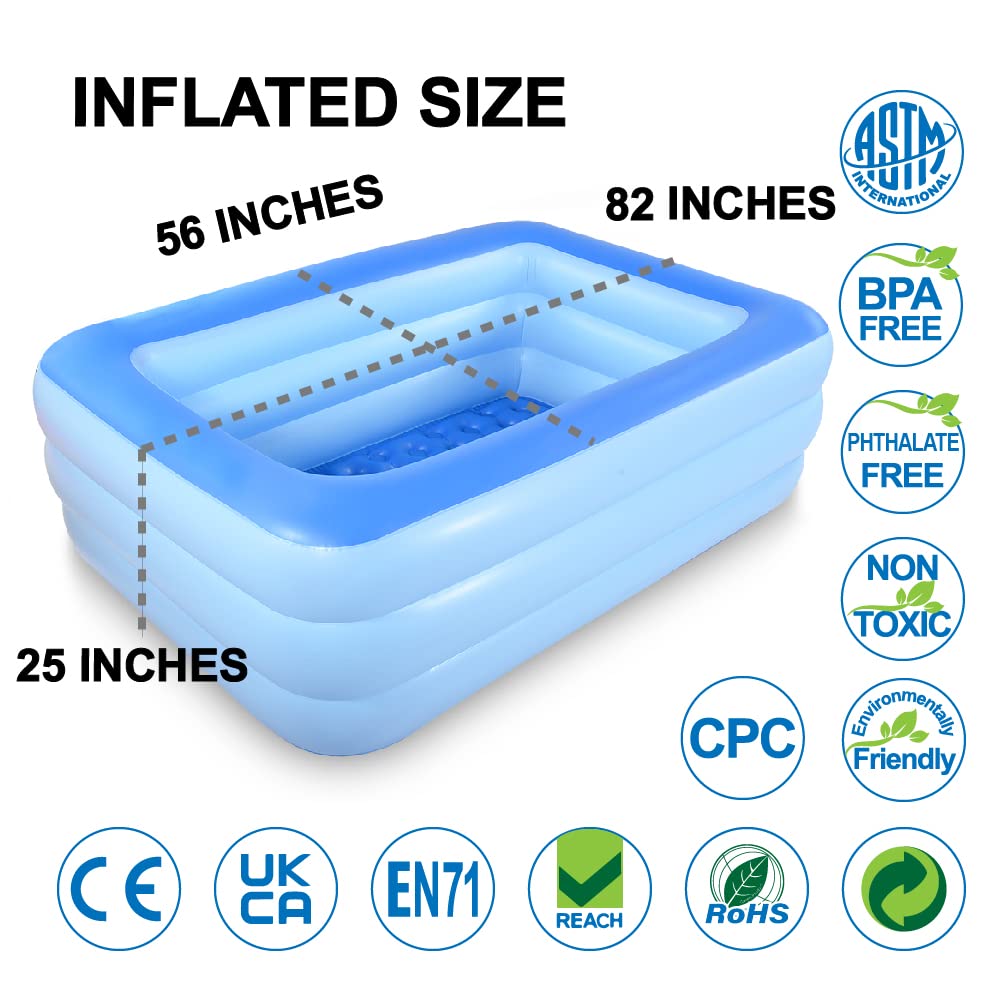 Inflatable Family Swim Play Center Pool, 82" x 56" x 25" Giant Blow Up Pool Summer Water Fun with Inflatable Soft Floor for Family, Garden, Outdoor, Backyard (Blue)