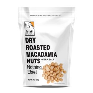 it's just - hawaiian macadamia nuts (1.5lbs), small batch dry roasted in usa, lightly salted, keto friendly, resealable bag, 24oz