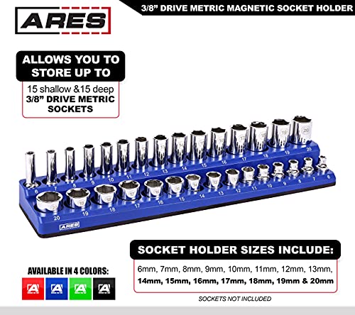 ARES 60008-30-Piece 3/8 in METRIC Magnetic Socket Organizer -BLUE -Holds 15 Standard (Shallow) and 15 Deep Sockets -Perfect for your Tool Box -Also Available in BLACK