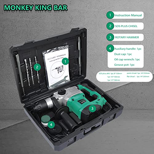 Monkey King Bar -1-1/4 inch SDS PLUS Rotary Hammer Drills 12Amp 1500w 120v 60Hz Impact Hammer Drills for Concrete-Safety Clutch 3 Functions Includes Tile Removal Tool 11 Pcs Accessories Set