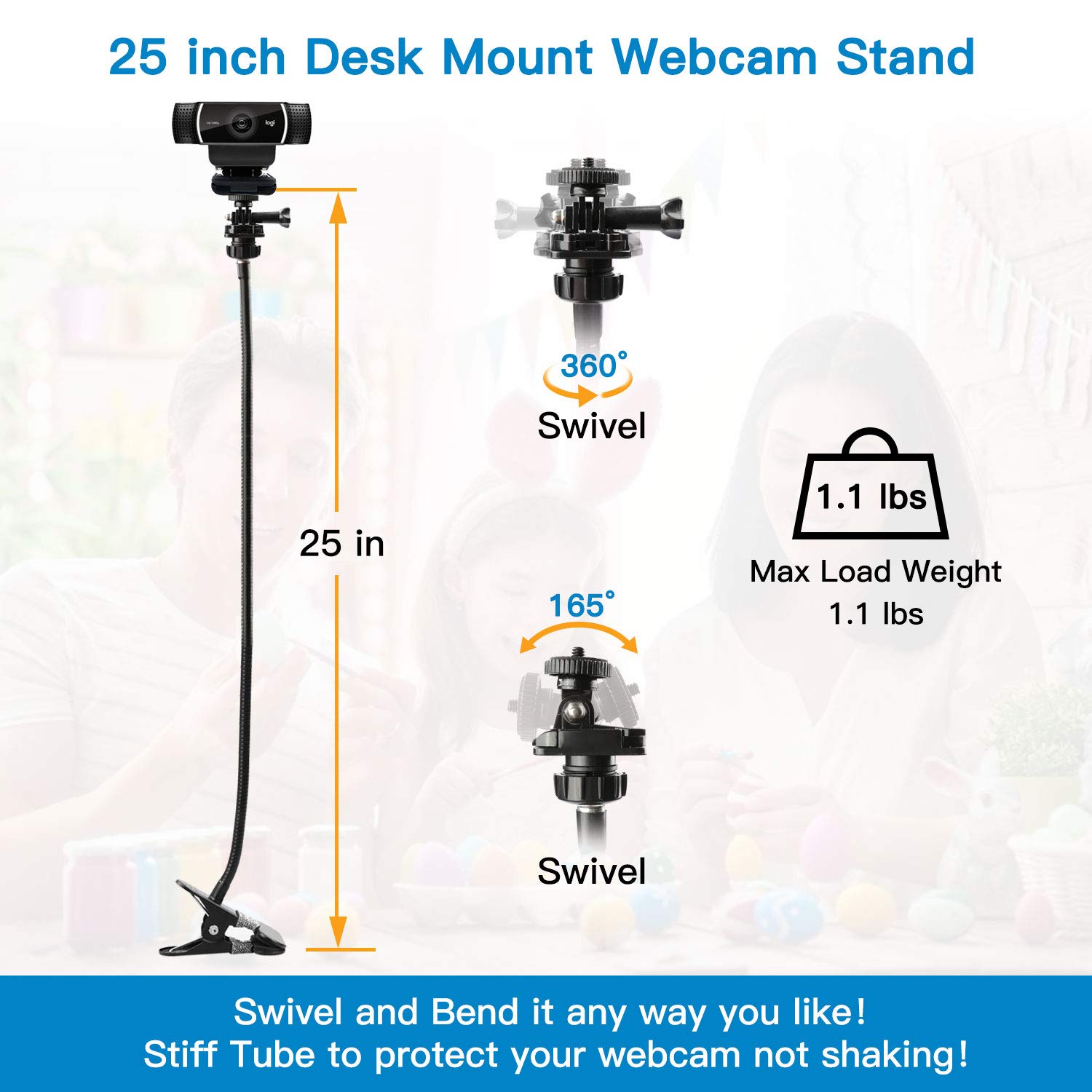 Pipishell 25 Inch Webcam Stand - Flexible Desk Mount Clamp Gooseneck Stand for Logitech Webcam C960,C930e,C930,C920,C920S,C922x,C922, Brio 4K, C925e,C615 and Other Devices with 1/4" Thread-PIWS01