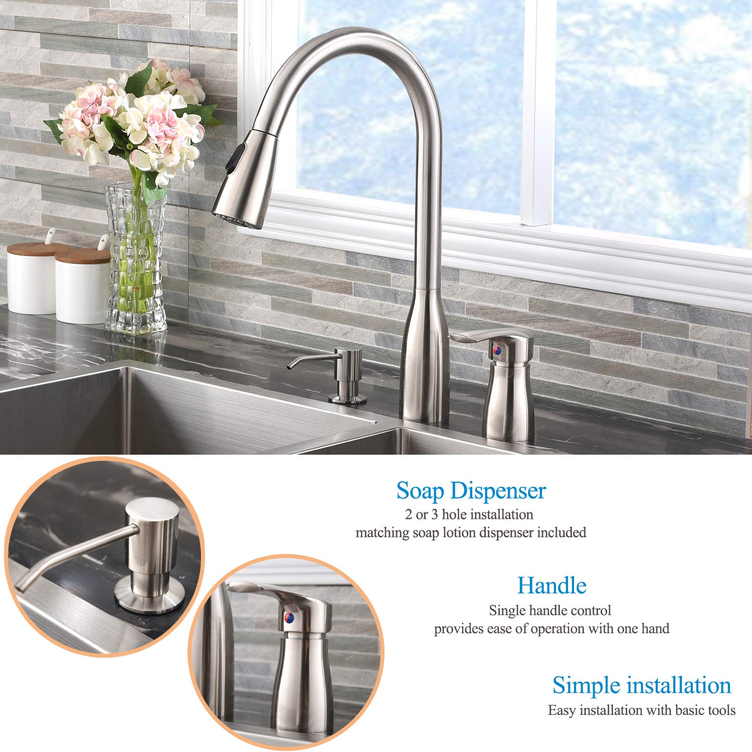 Hotis Kitchen faucets for Sink 3 Hole, Kitchen Faucet with Pull Down Sprayer, 2 Hole Kitchen Faucet Set Stainless Steel Single Handle, Brushed Nickel with Side Single Handle and Soap Dispenser
