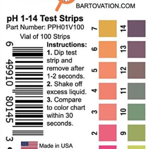 pH 1-14 Wide Range Test Strips [Moisture-Proof Vial of 100 Strips] Made in USA