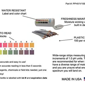 pH 1-14 Wide Range Test Strips [Moisture-Proof Vial of 100 Strips] Made in USA