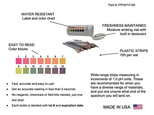 pH 1-14 Wide Range Test Strips [Moisture-Proof Vial of 100 Strips] Made in USA