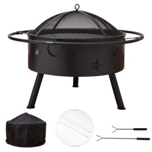 sundale outdoor fire pits outdoor wood burning large fireplace, 32 inch steel round firepit bowl with bbq grill, cooking grate, spark screen, fire poker, cover, portable fire pit for outside black