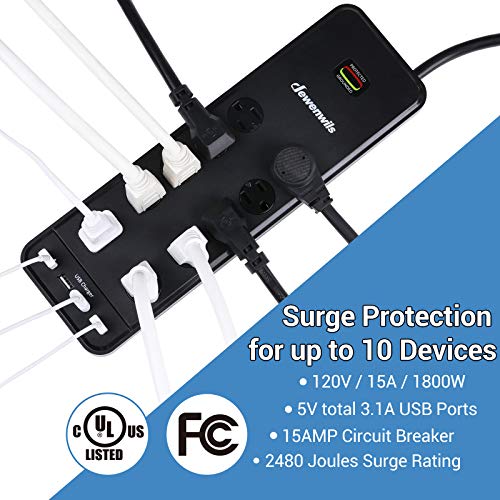 DEWENWILS 10-Outlet Surge Protector Power Strip with 4 USB Ports, 15 FT Long Extension Cord, Right Angle Flat Plug, 2480J Surge Rating 15AMP Circuit Breaker, Wall Mountable, UL Listed