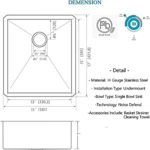 Hotis Bar Sink Undermount, Small Kitchen Sink, Black Bar Sink, Rv Otdoor Stainless Steel Wet Bar Prep Sink, 15 X 17 Inch Single Bowl