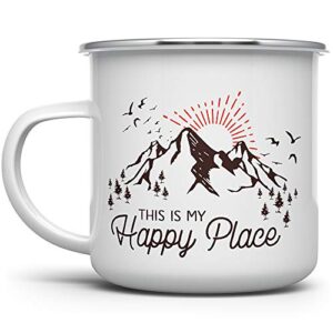 loftipop this is my happy place enamel campfire mug, mountain camping coffee cup, nature outdoor hiking camp lover gift (12oz)