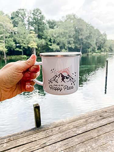 Loftipop This is My Happy Place Enamel Campfire Mug, Mountain Camping Coffee Cup, Nature Outdoor Hiking Camp Lover Gift (12oz)