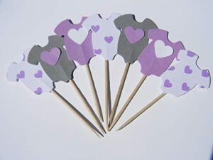 24 mixed onesie cupcake toppers food picks - lavender and gray with hearts - baby shower decor decorations
