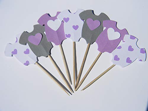 24 mixed onesie cupcake toppers food picks - Lavender and Gray with hearts - baby shower decor decorations