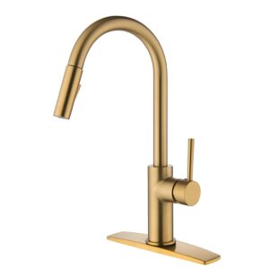gold kitchen sink faucets pull down 2 mode sprayer with deck plate, brushed brass gold