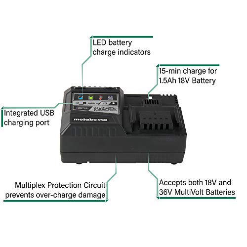 Metabo HPT Rapid Battery Charger | 18V, Lithium-Ion, Slide Style Batteries | USB Port | UC18YSL3M