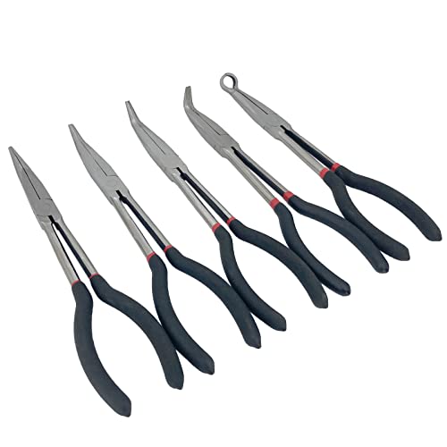 RUNIGOO 5 Piece Long Reach Plier Set - 11” Long Needle Nose Pliers Sets - Straight, 25, 45, 90-Degree Angle, Long Reach Bent Circle Pliers for Hard-to-Reach Narrow Spaces